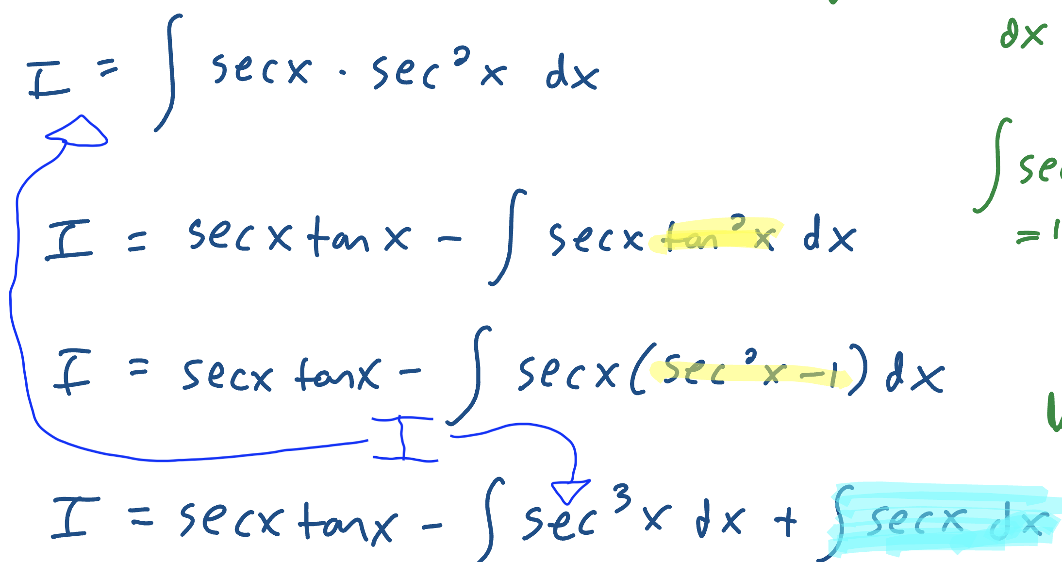 <p>If n is even, save a sec²x or csc²x and convert the other sec’s or csc’s into tan/cot. U sub and your du should be what you saved.</p><p>If both n and m are odd, save a sec(x)tan(x) or csc(x)cot(x). Convert the tangents/cotangents into secants/cosecants using pythagorean identity; u sub, and your du should be the saved bit (watch out for negatives on the csc/cot integral).</p><p>If n is odd but m is even (or 0), you need to use Integration by Parts; let I (or any letter) equal the integral, and you’ll see the I pop up later while integrating. Then just replace the integral with I, and solve for I by getting it on one side.</p>