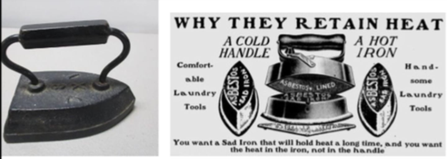 <p>pre-1920s<br>before hotpoint iron<br>cast iron<br>hot handle<br>lots of injuries</p>
