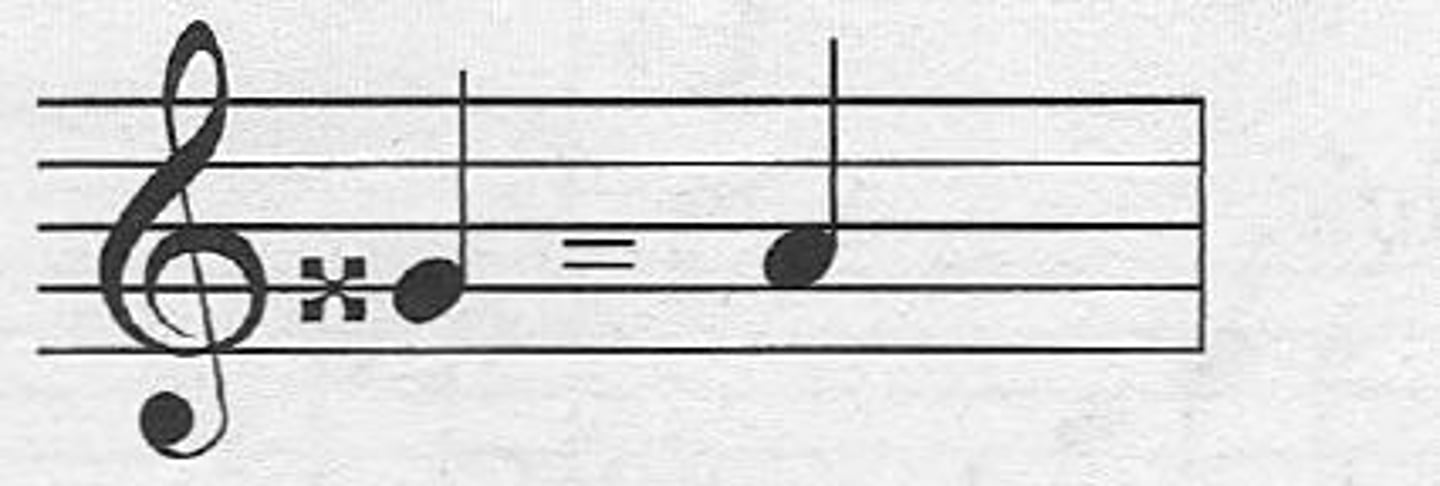 <p>the symbol x placed before a note, indicating to raise the note a whole step</p>