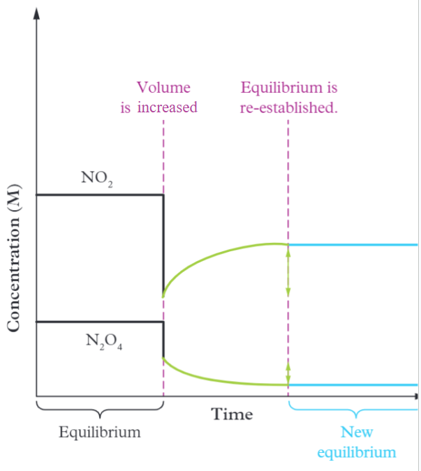 <p>The reaction shifts to the side with <strong>more particles</strong> and <strong>concentrations drop</strong> at the new equilibrium</p>