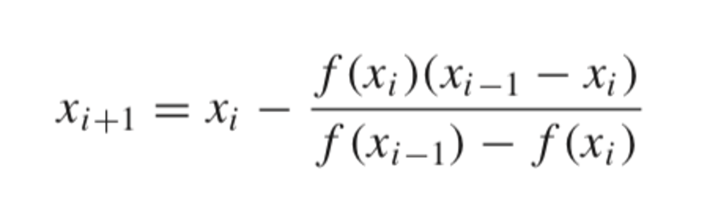 <p>uses the finite divided difference and two arbitrary initial guesses <br><br>used when derivatives are hard to evaluate</p>