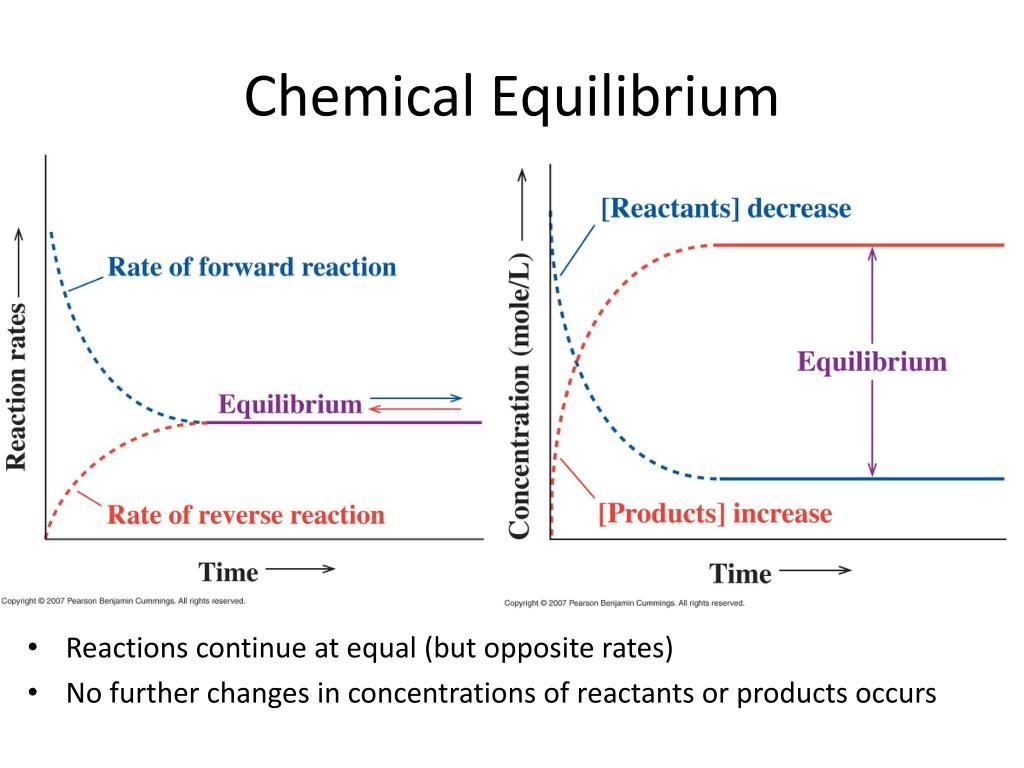 <p>reactions are reversible from reactants to products and products to reactants </p>