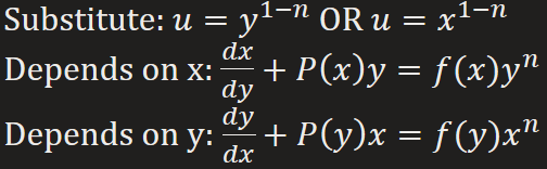 <p>Can be reduced to a linear equation by means of substitution (linear &amp; separable) </p>