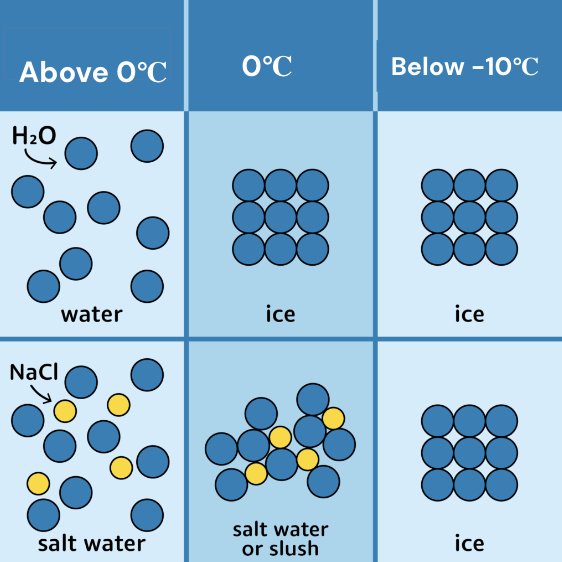 <p>Adding salt lowers the freezing point of water because it gets in the way of the hydrogen bonds forming</p>