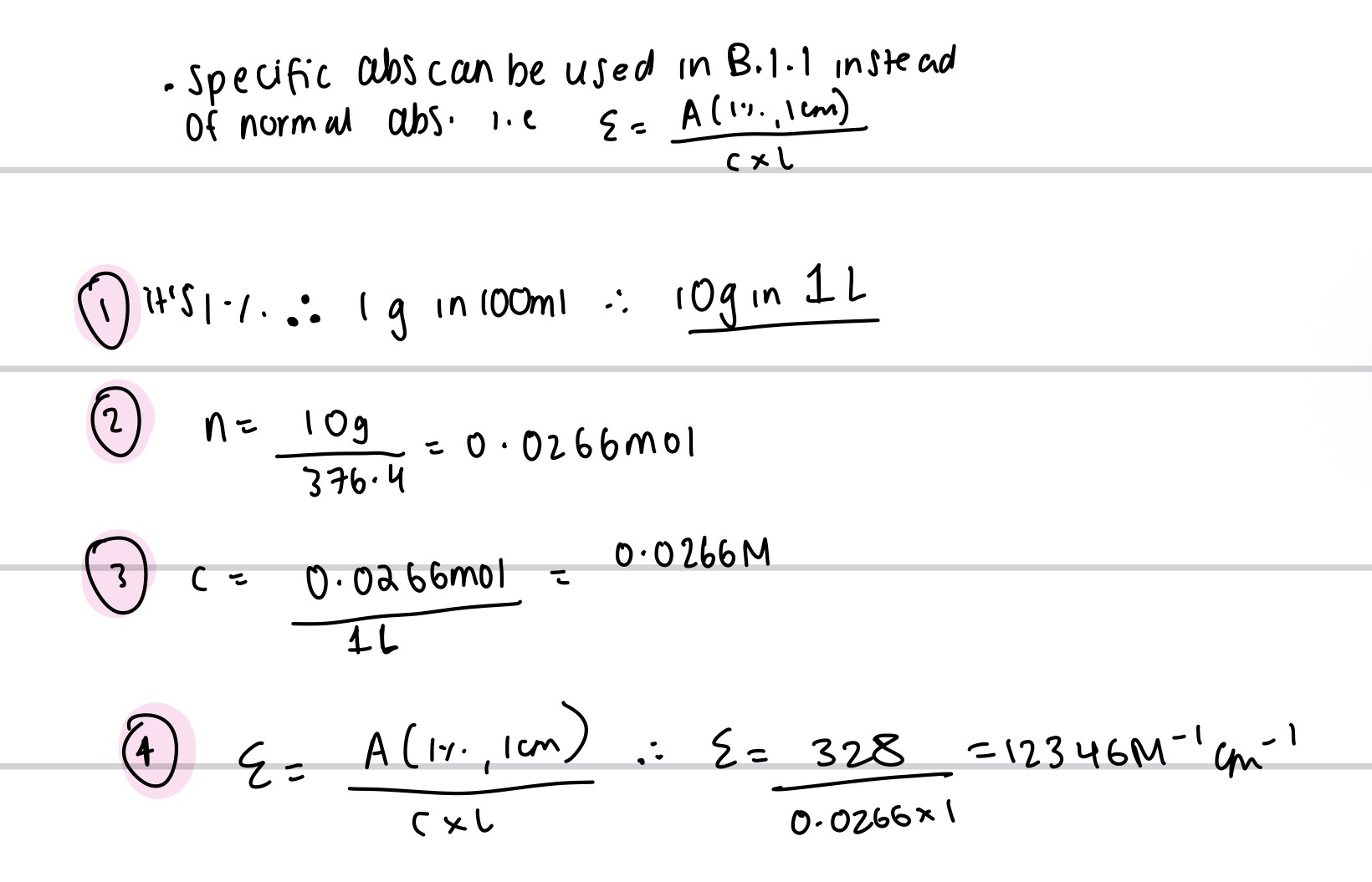 <p>(1%,1cm) means absorbance for a 1% solution with path length 1cm</p><p>-remember, molar absorption coefficient means 1M solution, 1 cm path length. so, we use 10g/L instead of 1g/100ml</p>