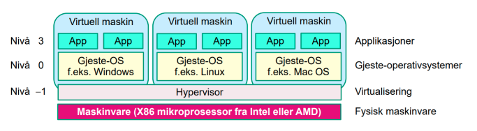 <p>mest direkte og mest effektive måten å kjøre virtuelle maskiner på. hypervisor er programvare som spiller rollen som dynamisk maskinvare. type 1-virtalisering gir en logisk struktur på privilegienivå ved at hypevisoern er mer privilegert enn gjeste-operativsystemene som den styrer. </p>