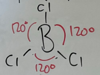 <p>-3 bonded pairs with no free pairs</p><p>-120<sup>o</sup> Bond angle</p>