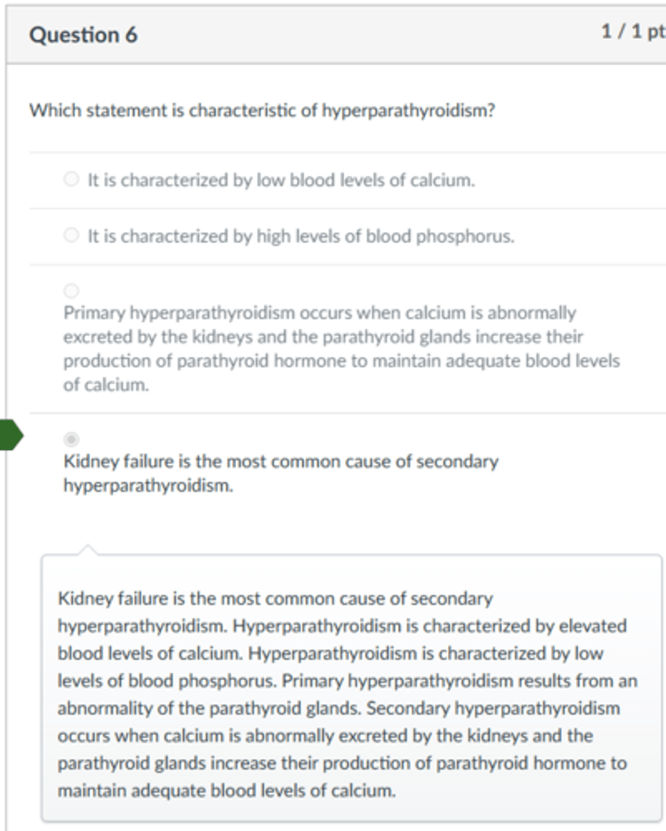<p>Kidney failure is the most common cause of secondary hyperparathyroidism.</p><p>Kidney failure is the most common cause of secondary hyperparathyroidism. Hyperparathyroidism is characterized by elevated blood levels of calcium. Hyperparathyroidism is characterized by low levels of blood phosphorus. Primary hyperparathyroidism results from an abnormality of the parathyroid glands. Secondary hyperparathyroidism occurs when calcium is abnormally excreted by the kidneys and the parathyroid glands increase their production of parathyroid hormone to maintain adequate blood levels of calcium.</p>