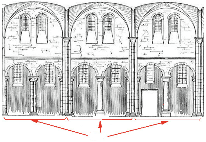 <p>repeated, similar divisions or compartments of a building or part of a building, as defined by recurring architectural features, such as arches, vaults, openings, or pilasters</p>
