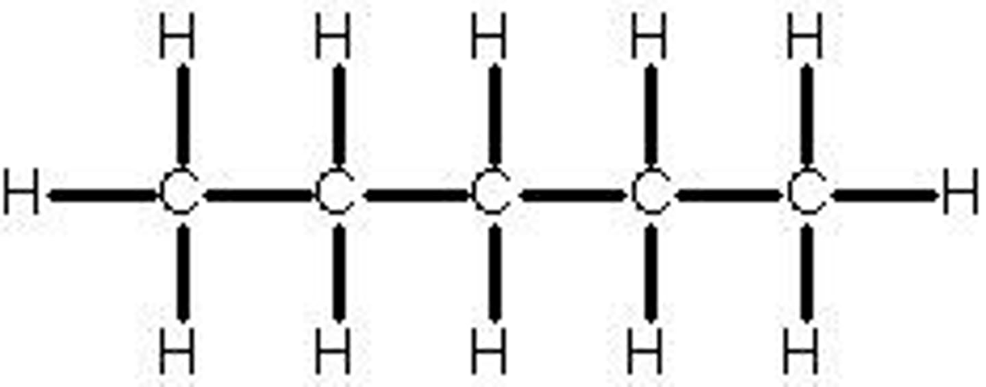 <p>common hydrocarbon with 5 carbons.</p><p>Name from prefix on Table P + "ane" because there are only single bonds present, aka it is an alkane</p>