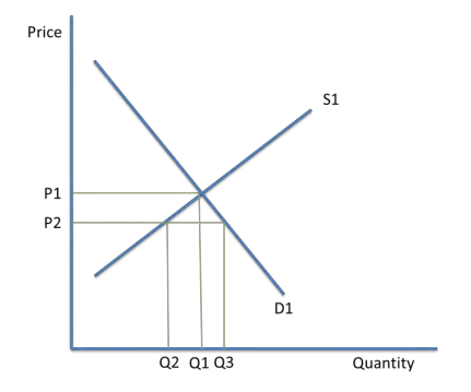 <ul><li><p>At Q2, price is at P2 which is below market equilibrium. Demand is now greater than supply, which can be calculated by Q3-Q2. This is of <mark data-color="#NaNNaNNaN" style="background-color: #NaNNaNNaN; color: inherit">disequilibrium</mark>. The demand price does not equal the supply price, and the quantity demanded does not equal the quantity supplied. </p></li><li><p>This is a <mark data-color="#NaNNaNNaN" style="background-color: #NaNNaNNaN; color: inherit">shortage</mark> in the market. This pushes prices up and causes firms to supply more. Since prices increase, demand will contract. </p></li><li><p>Once supply meets demand again, price will reach the market cleaning price, P1</p></li></ul><p></p>