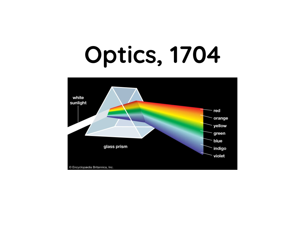 <p>The theory of optics describes how when white light is sane through a triangular prism and the colors are reflected out the other side (Red, Orange, Yellow, Green, Blue, Indigo which is a blue mix of purple, and Violet which is a mix of purple and pink). When the light shone back through the prism, the colors recombined to form a beam of white light.</p>