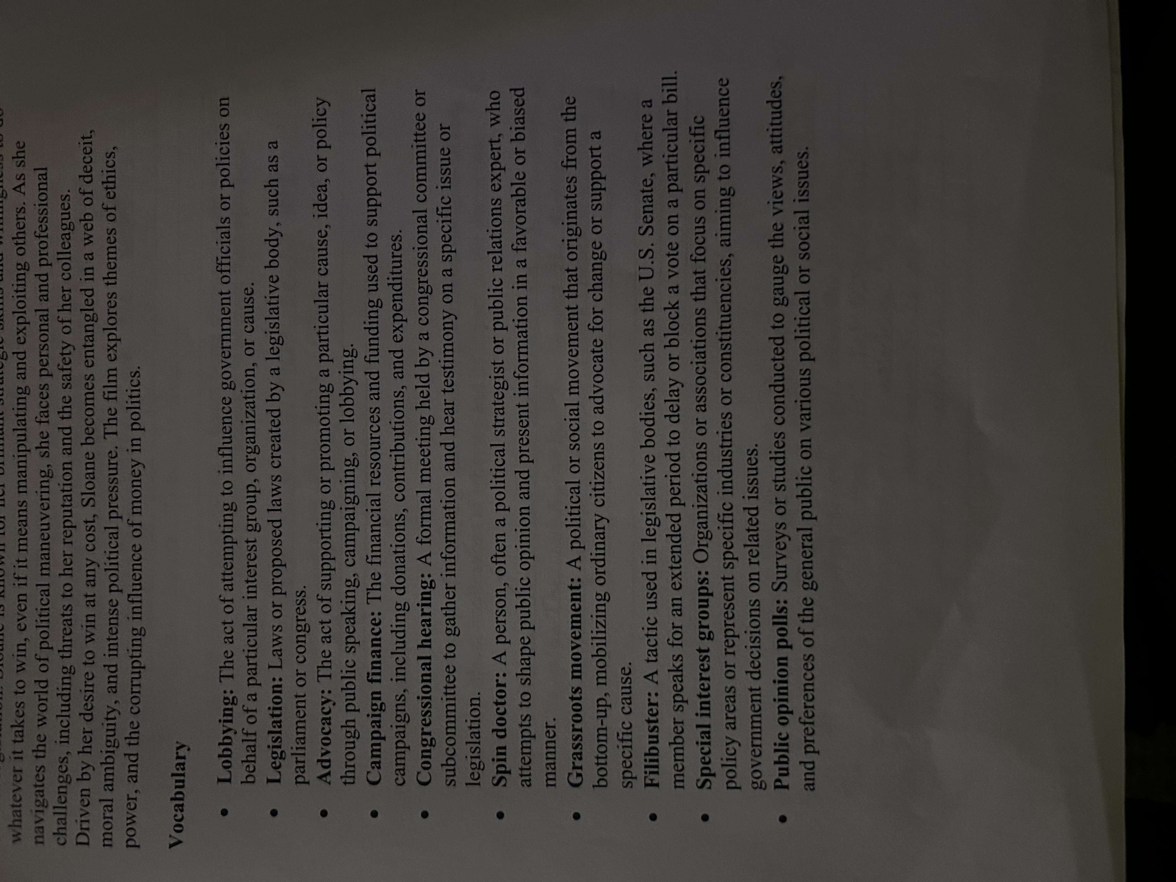 <p>The act of attempting to influence government officials or policies on behalf of particular interests group, organization, or cause.</p>