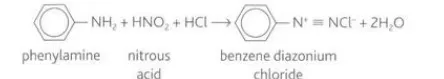 <p>For the reaction, a stable version of nitrous acid is created by adding hydrochloric acid to sodium nitrite. Phenylamine reacts with the nitrous acid and the mixture is kept below ten degrees Celsius to prevent the diazonium salt from decomposing to nitrogen.</p>
