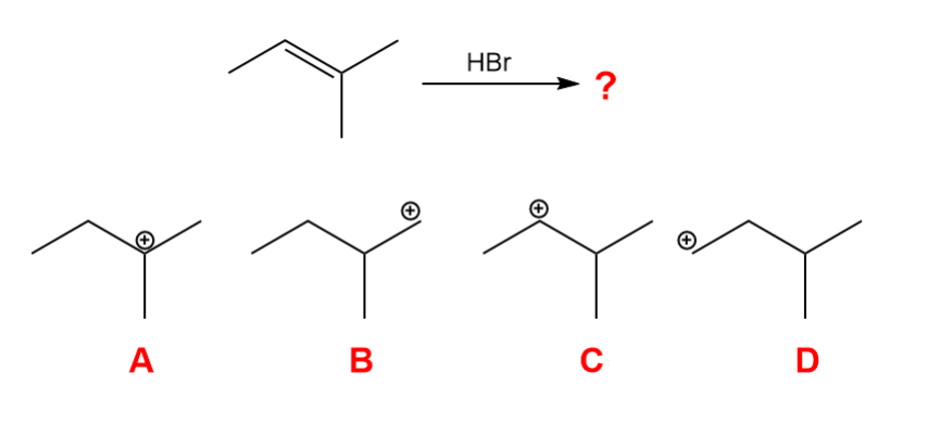 <p>What is the carbocation intermediate that is formed in the following reaction?</p>