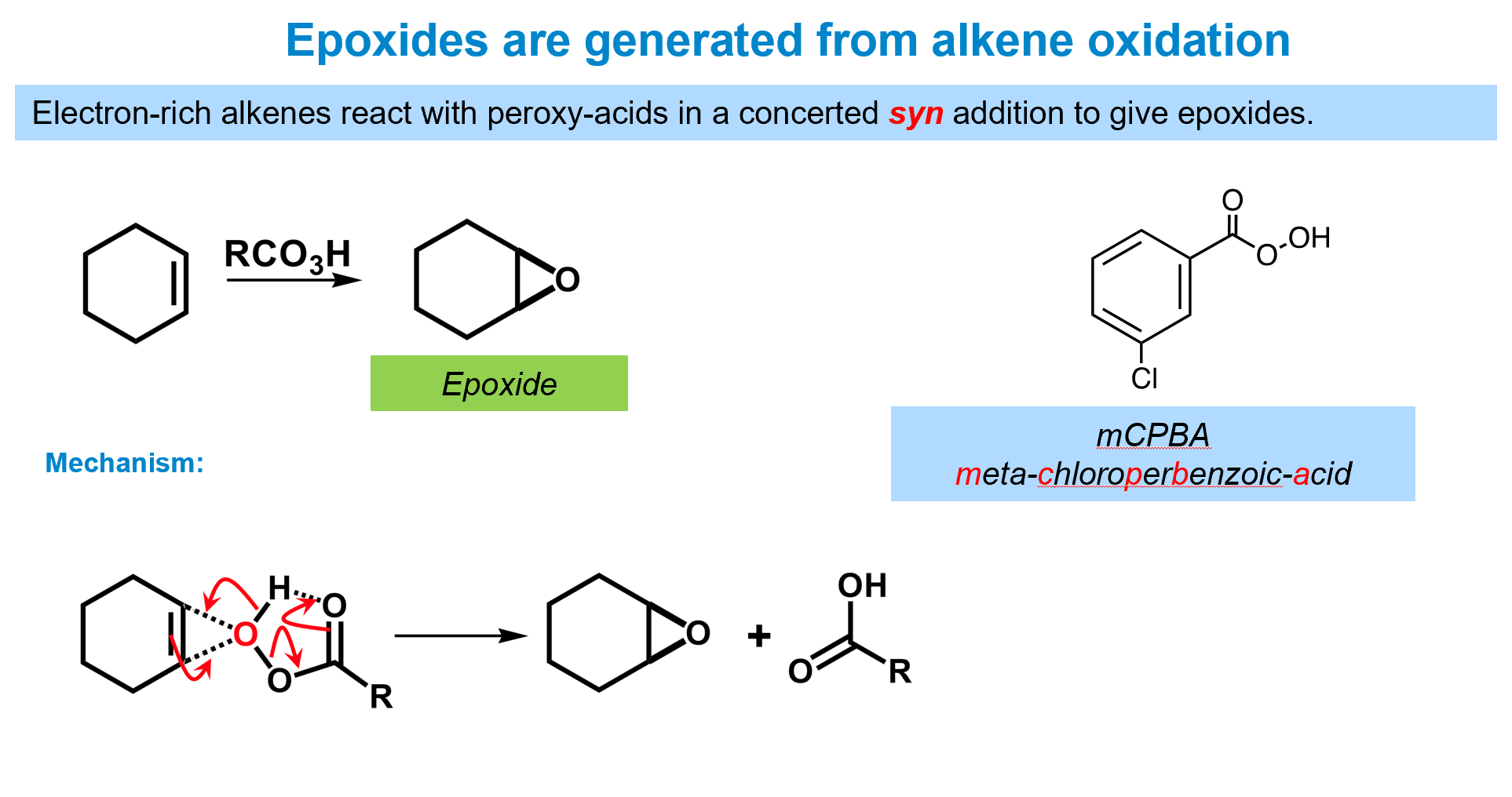 <p>the reactant used is a peracid - a carboxylic acid with an additional oxygen.</p><p>The reaction proceeds exactly like the bromonium one, forming an anti- product.</p>