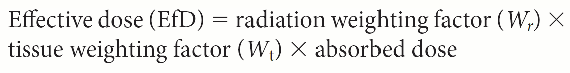 <p><strong>(C)</strong> The tissue weighting factor (Wₜ) represents the relative tissue radiosensitivity of irradiated material (e.g., muscle vs. intestinal epithelium vs. bone). The radiation weighting factor (Wᵣ) is a number assigned to different types of ionizing radiations to better determine their effect on tissue (e.g., x-ray vs. alpha particles).</p><p>The Wᵣ of different ionizing radiations depends on the LET of that particular radiation. The following formula is used to determine effective dose (EfD):</p><p><strong>Effective dose (EfD) = radiation weighting factor (Wᵣ) × tissue weighting factor (Wₜ) × absorbed dose</strong></p>