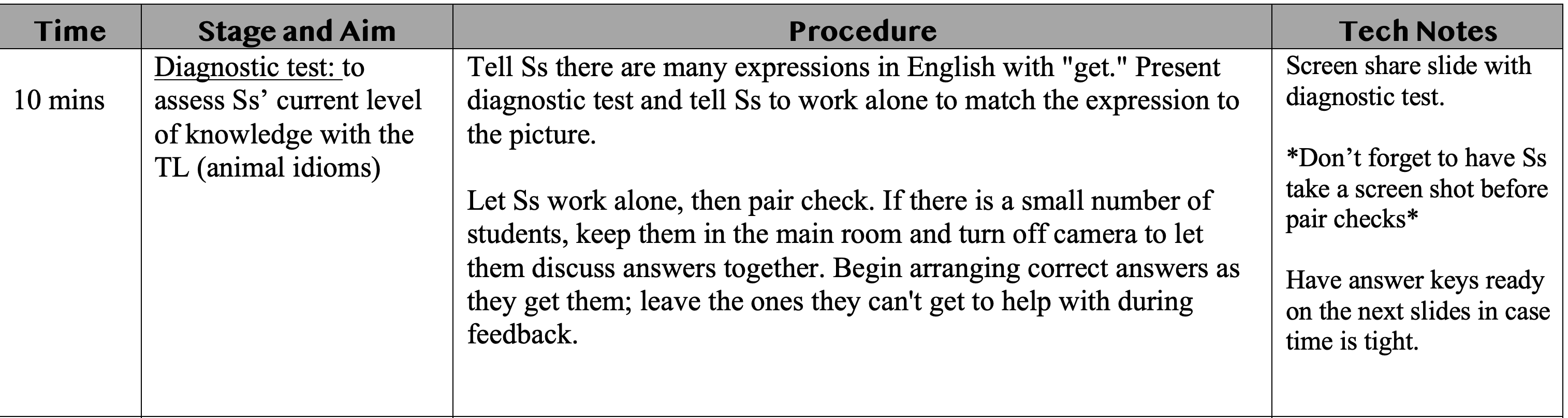 <p><strong><u><mark data-color="#8de65a" style="background-color: rgb(141, 230, 90); color: inherit;">DIAGNOSTIC TEST</mark></u> <u>(10 min)</u></strong></p><p>.</p><ul><li><p><span>to assess Ss’ current level of knowledge with the TL</span></p></li></ul><p></p>