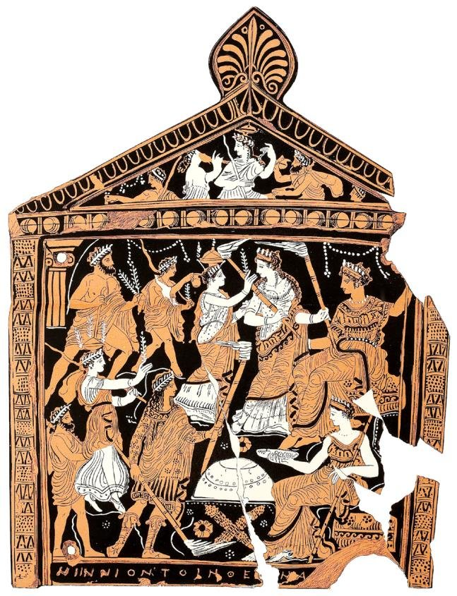 <p>400-300BC<br><br>main image: depiction of the cult of Eleusis, from left to right: initiates are approaching the seated goddesses Demeter and Persephone.<br><br>significance: key visual source for the ritual taking place within Eleusinian Mysteries</p>