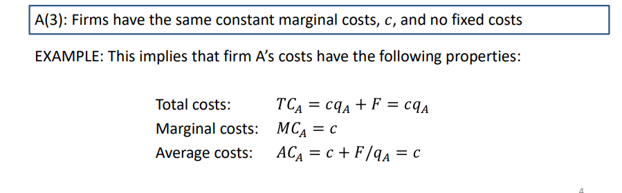 <ul><li><p>there are only 2 firms in the market (duopolists), they choose level of price (compete in prices) and make their pricing decisions simultaneously</p></li><li><p>further entry into the market is completely blocked</p></li><li><p>firms have the same constant marginal costs and no fixed costs (which means Total costs = variable costs, and average costs = marginal costs)</p></li><li><p>firms produce identical products (so buyers purchase from cheapest seller)</p></li><li><p>market demand: Q = a - P (subtract firm A’s price when its below firm B’s and subtract firms B’s price when PA is above PB)</p></li></ul><p></p>