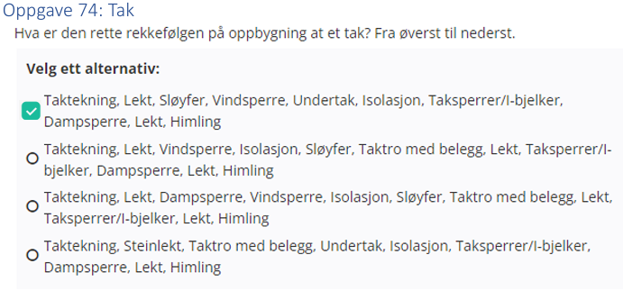 <p>Taktekning, lekt, sløyfer, vindsperre, undertak, isolasjon, taksperrer/I-bjelker, dampsperre, lekt, himling</p>