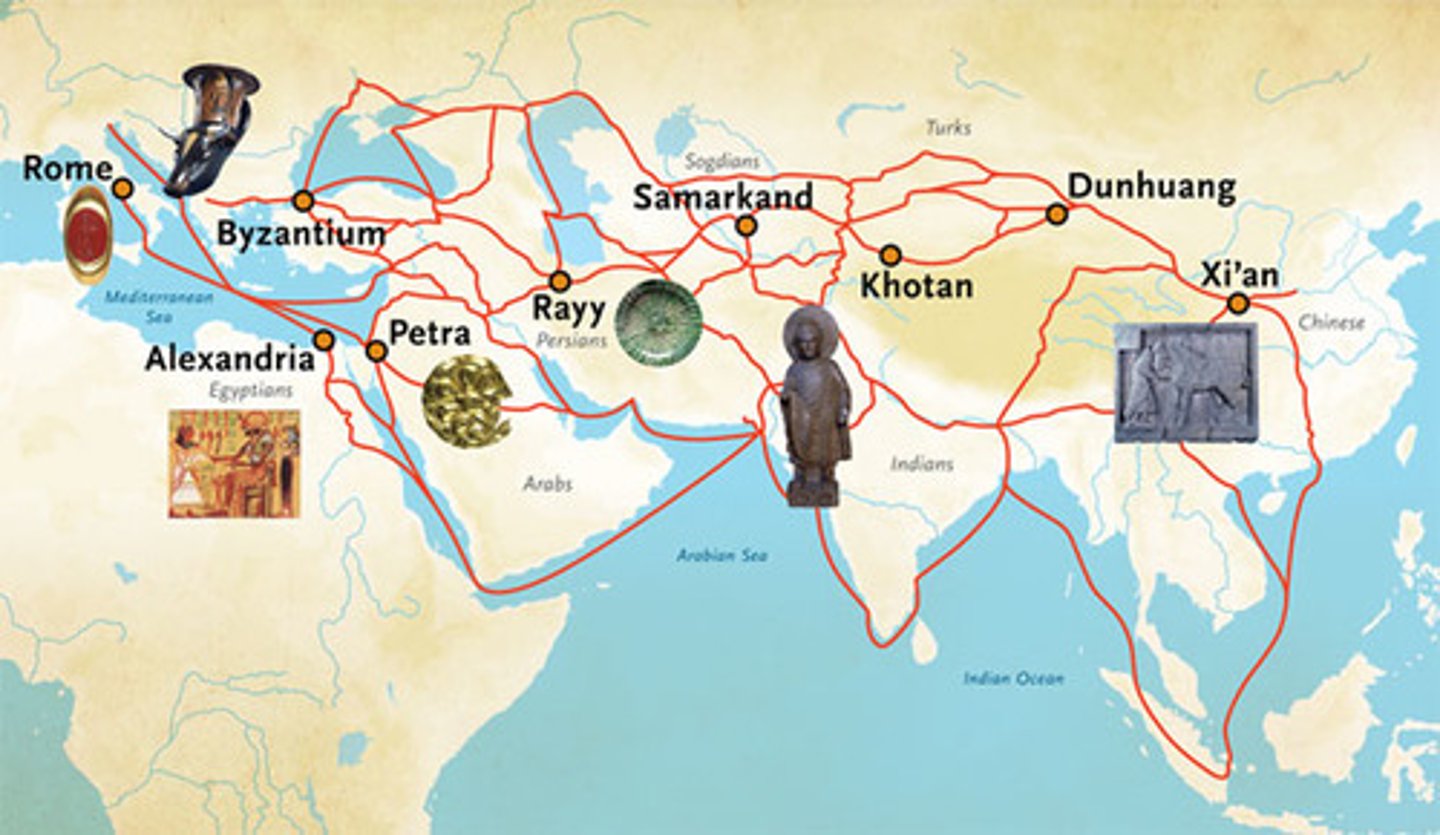 <p>-Four major trading routes dominated Afro-Eurasia from 1200 CE to 1450 CE. There are other trade routes in the Americas, but the population of humans was far lower in the Americas than in Afro-Eurasia</p><p>-Trade would pass along not only economic goods, but also cultural/religious ideas, military technology, diseases, and general technology</p><p>There four major trade routes were all in Eurasia or North Africa. Sub-Saharan African received some trade through these routes, but less than other areas.</p><p>-The Four Major Long-Distance Trading Routes you need to know are:</p><p>-The Eurasian Silk Roads</p><p>-The Trans-Saharan Caravan Routes</p><p>-The Indian Ocean Sea Lanes</p><p>-The Mediterranean Sea Lanes</p><p>-These trading routes would also continue into later eras</p>