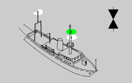<p><span style="color: rgb(54, 246, 12)"><strong>Green </strong></span>over <strong>WHITE</strong></p><p><strong>Mast head light in the back higher than the green light(only if you are more than 50 m)</strong></p><p></p><p>Shape:<br>Two cones, apexes together (vertical)</p><p></p>