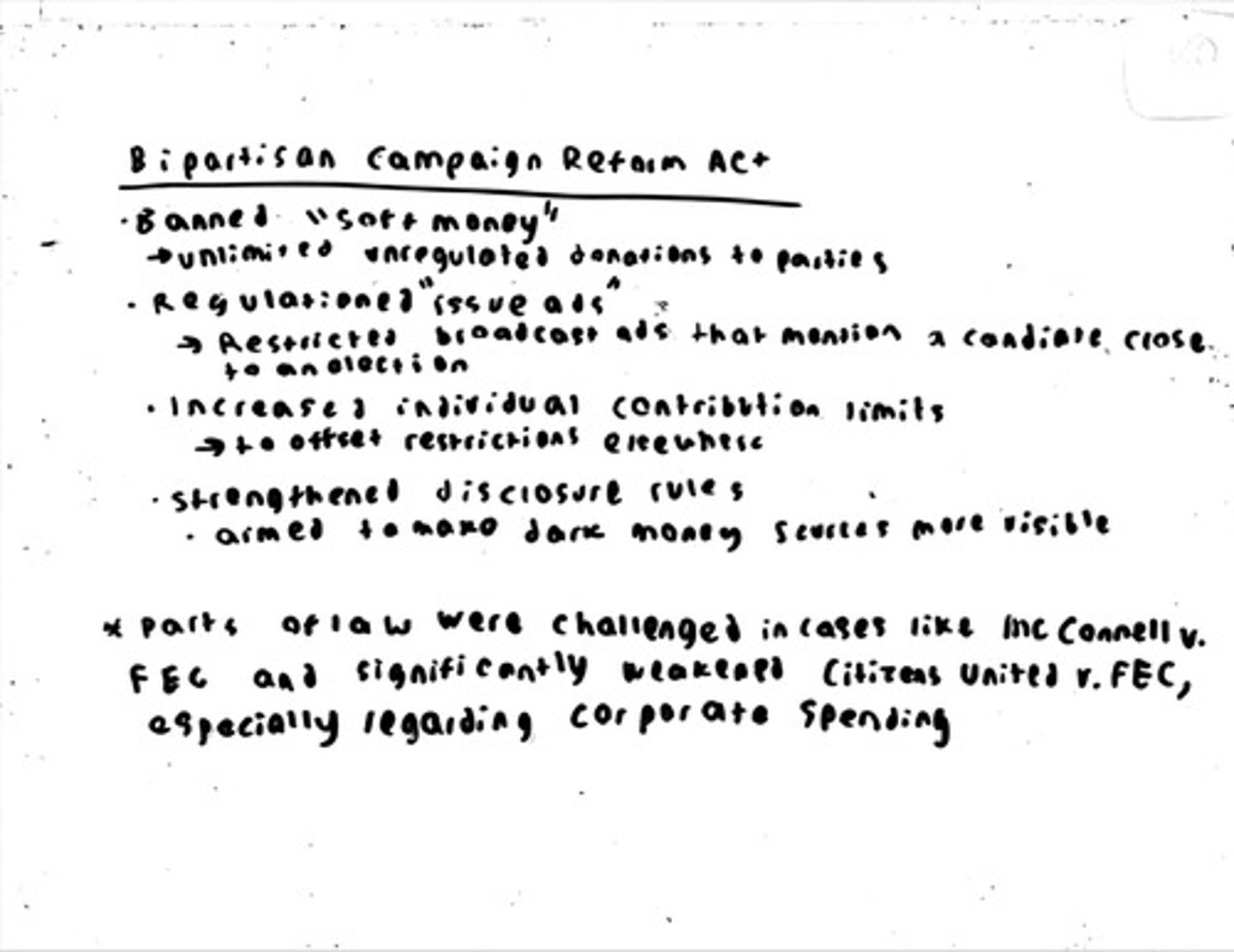 <p>Law limiting soft money and regulating campaign advertising (McCain-Feingold).</p>