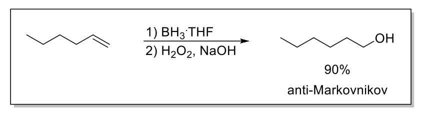 <p>1) BH<sub>3</sub>, THF</p><p>2) H<sub>2</sub>O<sub>2</sub></p><p>Result: <strong>Anti-Markonikov addition of OH (</strong>because anti-Markonikov allows less steric hindrance)</p><ul><li><p>Boron has similar structure to carbocation —> forms dime</p></li><li><p>NO REARRANGEMENT in Hydroboration-Oxidation reaction</p></li><li><p>Stereospecificity: Syn-addition of H and OH</p></li></ul><p></p>