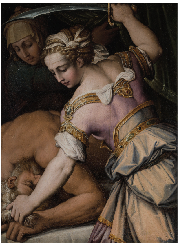 <p>Giorgio Vasari 1554. Emphasizes Judith’s strong arms and angled shoulders, she was a femme forte that was physically powerful and with inner courage. She also had a sense of elegance and refinement. Her pose was copied from Michelangelo’s Sistine Chapel ceiling.</p>