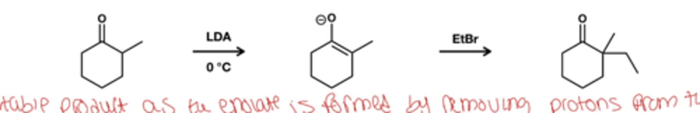 <p>LDA</p><p>0 degree celcius</p><p>enolate forms art most substituted carbon</p>