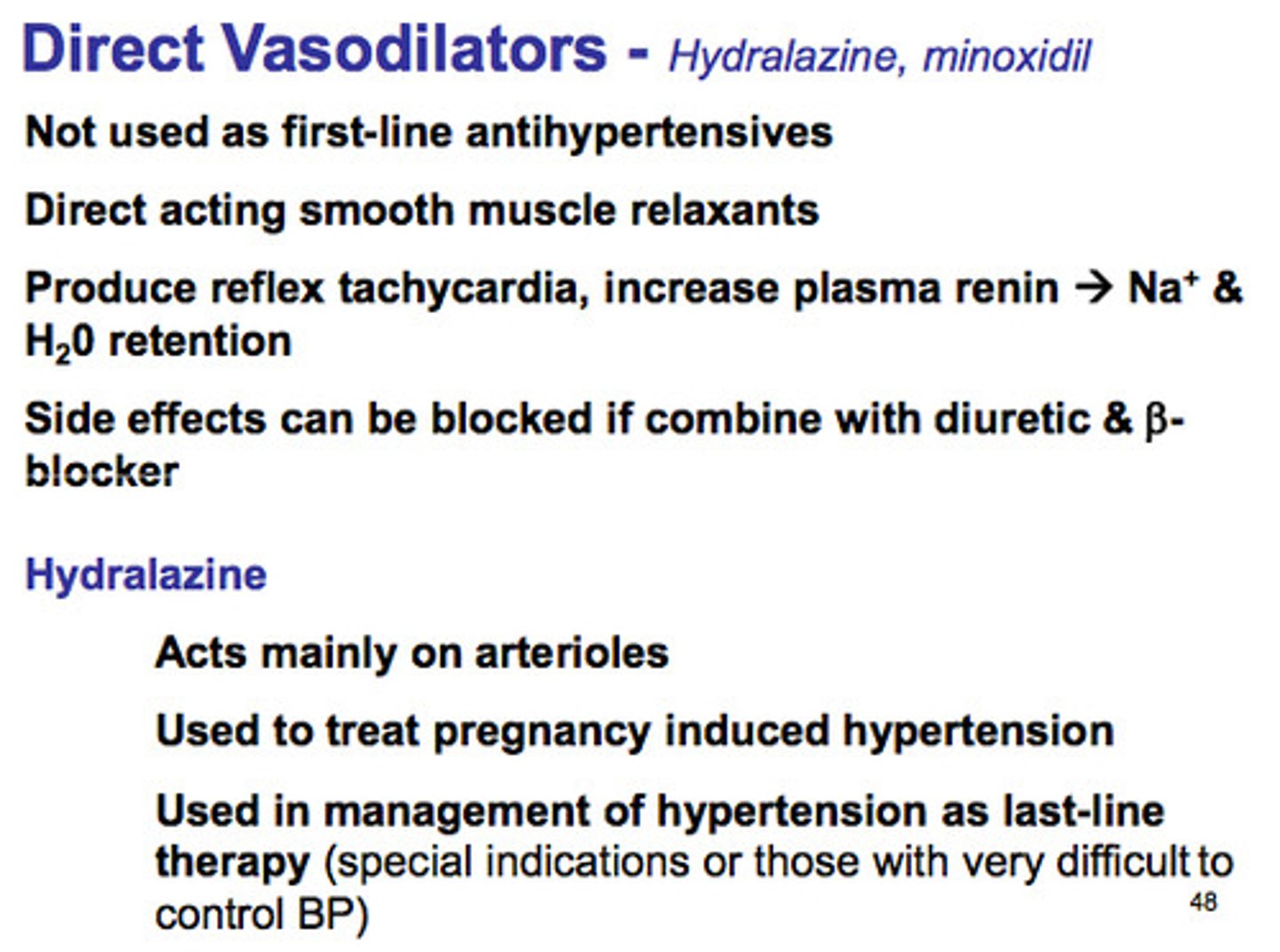 <p>Apresoline</p><p>vein dilation: + artery dilation: +++</p><p>- MOA: reduces afterload in HFrED patients by relaxing arterial smooth muscle (minimal effects on preload)</p><p>- combined with isosorbide dinitrate </p><p>> isosorbide reduces preload, hydralazine prevents nitrate tolerance</p><p>> hydralazine has antioxidant properties that help prevent NO degradation = restored balance between NO and reactive oxygen species</p>