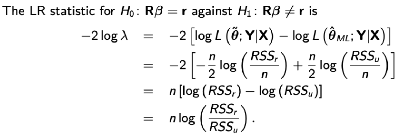<p>Likelihood ratio lambda is the ratio of maximum likelihood under the restriction to maximum likelihood without the restriction.</p><p>The LR statistic is -2*log(lambda) and has chi squared distribution with m degrees of freedom.</p>