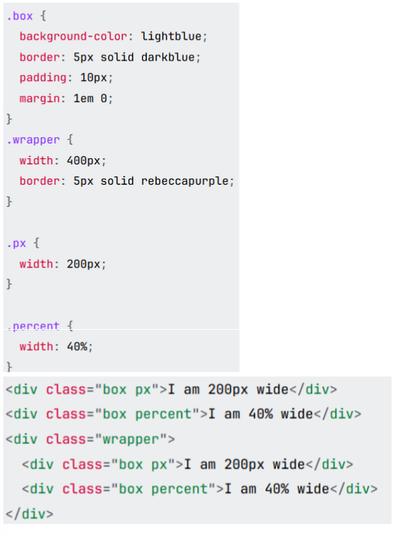 <p><span style="background-color: transparent;"><span>The second pair of boxes are inside the wrapper. The box inside the wrapper that says “I am 40% wide” calculates its width from its parent <div> with the class called “wrapper” which is why it is smaller in terms of width to the other box.</span></span></p>