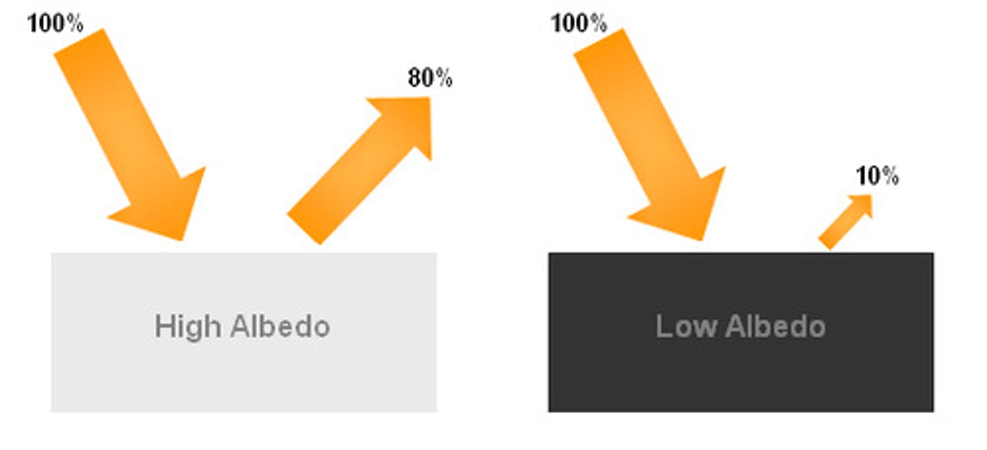 <p>the proportion of the incident light or radiation that is reflected by a surface.</p>