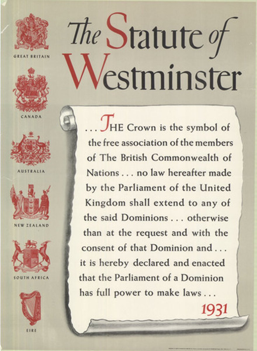 <p>The 1931 British law that declared Canada and the other Dominions to be fully independent.</p>