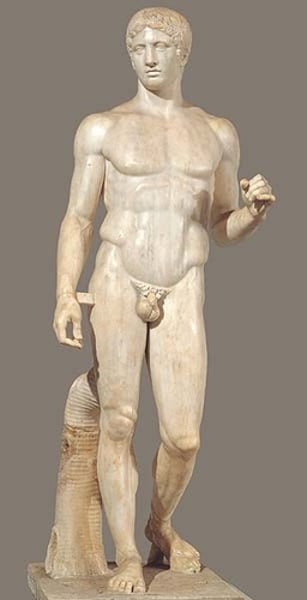 <p>Period: Early Classical c.450-440 B.C.E.</p><p>Artist: Polykleitos</p><p>Form: Marble copy of bronze original</p><p>Function: Decorative</p><p>Content: Perfect man is shown. Harmonic proportions balance. Weighted vs. relaxed. Canon is used. Contrapposto. Movement. Numerical ratios.</p>