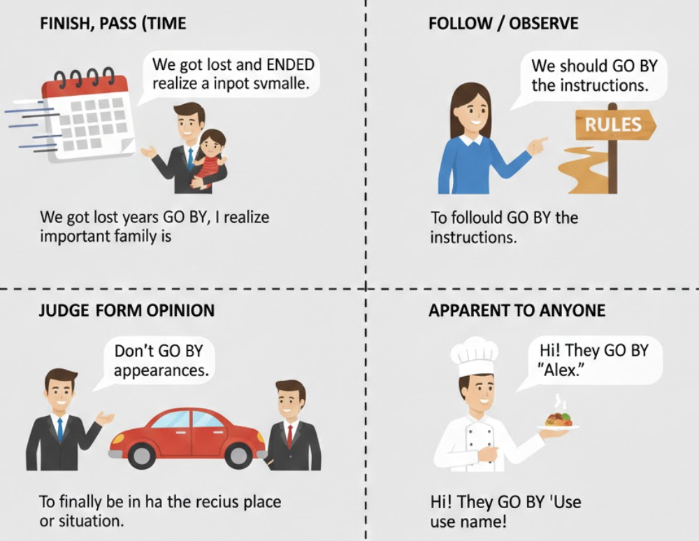 <ol><li><p><strong>Thời gian trôi qua. </strong></p></li><li><p><strong>Được gọi là.</strong></p></li><li><p><strong>Căn cứ vào/Làm theo.</strong></p></li></ol><p>Cấu trúc:</p><ul><li><p><strong>Time goes by</strong> (Thời gian trôi qua).</p></li><li><p><strong>Go by the name [Name]</strong> (Được gọi bằng tên...).</p></li><li><p><strong>Go by [the rules/the book]</strong> (Làm theo quy tắc/sách vở).</p></li></ul><p></p>