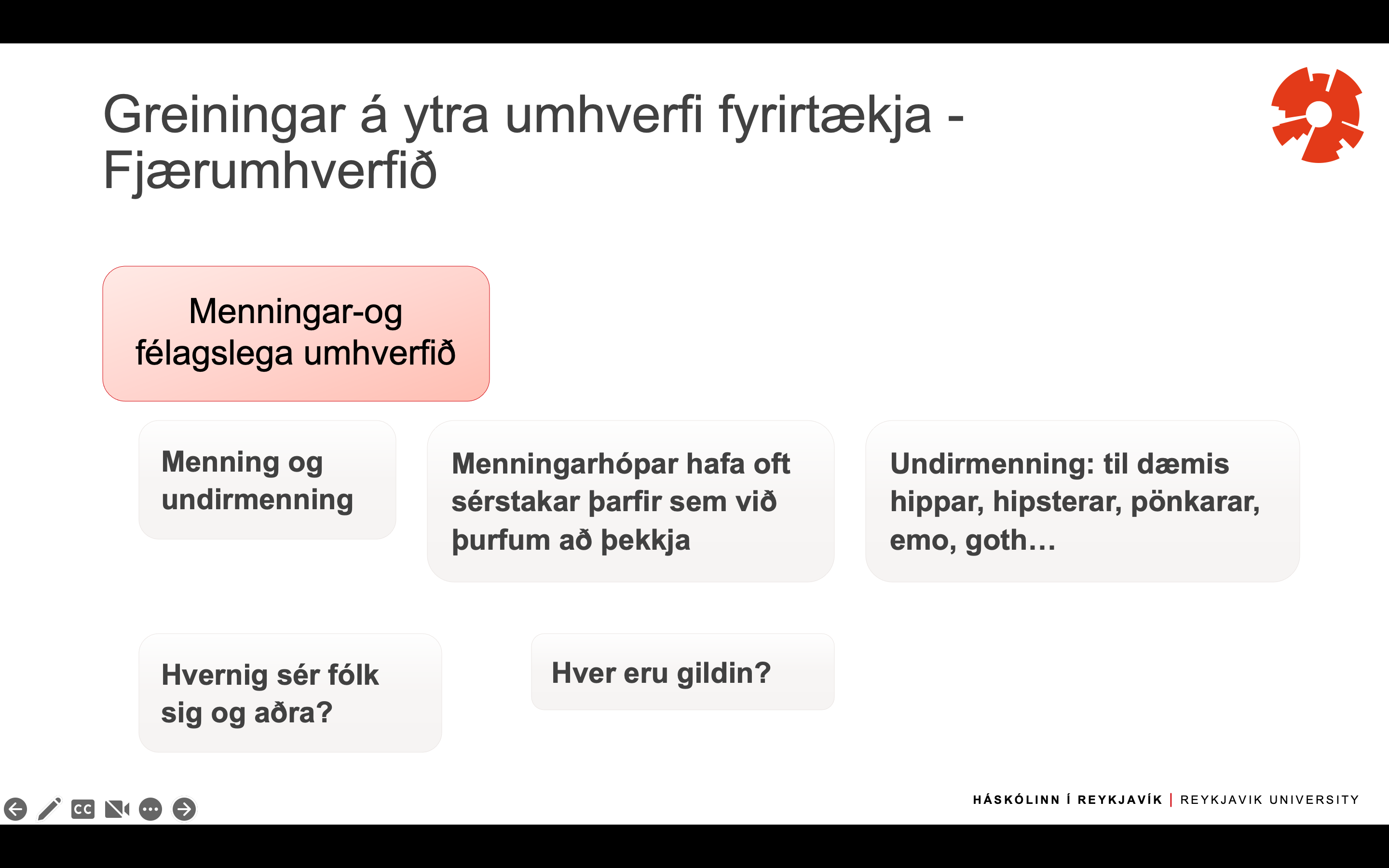 Menning og undirmenning, 

Menningarhópar hafa oft sérstakar þafir sem við þurfum að þekkja

undirmenning: t.d. hippar, hipsterar,pönkarar, emo..

Hvernig sér fólk sig og aðra

Hver eru gildin?
