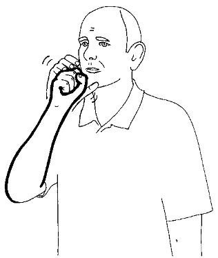 Form the letter "C" at your mouth and
then change it into an "S"  (just like 
squeezing an orange into your mouth)
