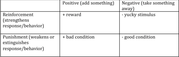 <p><strong>Operant Conditioning Terms</strong><em> (mod 27, 28)</em></p><p>Positive adds something and negative takes something away. Positive reinforcement is adding a reward (ex: Big Bang Theory Penny getting chocolate, Penny is more likely to do what Sheldon wants), negative reinforcement takes away a yucky stimuli (ex: taking medicine to take the pain away, more likely to do it again in the future when in pain).  Postive punishment is adding a bad condition (ex: dog being naughty and getting sprayed with water, dog is less likely to do that bad behavior again), negative punishment takes away a good condition (ex: teen obsessed with phone getting phone taken away for bad grades, teen will try to get their grades up again)</p>