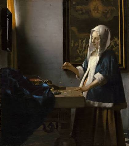 <p><span>Artist: Vermeer</span></p><p class="p1"><span>	•	Origin: Netherlands</span></p><p class="p1"><span>	•	Style: Baroque</span></p><p class="p1"><span>	•	Meaning: Balance of spiritual and material life.</span></p>