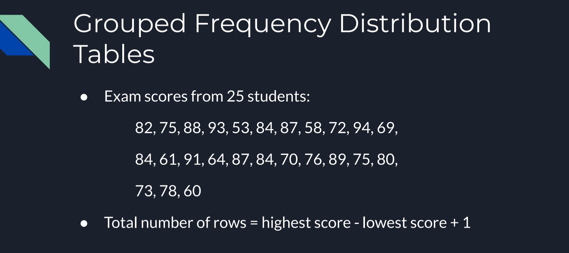 <p>EXAMPLE</p><ol><li><p>You have all <strong>different types of exam scores</strong> from your all your <em>participants</em> (<em>N</em>)</p></li><li><p>To get <strong>total number of rows,</strong> you take your <span style="color: blue">highest score</span> and <u>subtract</u> it by your l<span style="color: red">owest score</span> and <u>add</u> <span style="color: green">one</span></p></li><li><p><strong>94</strong>(<span style="color: blue">highest score</span>) <u>-</u> <strong>53</strong>(<span style="color: red">lowest score</span>) <u>+</u> <span style="color: green">1</span> = <mark data-color="purple" style="background-color: purple; color: inherit">42 (range of score)</mark></p></li></ol>