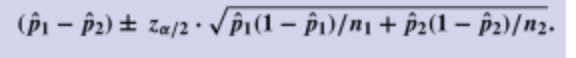 <p>the endpoint of the confidence intervalf for p<sub>1 </sub>-p<sub>2</sub> are: </p>