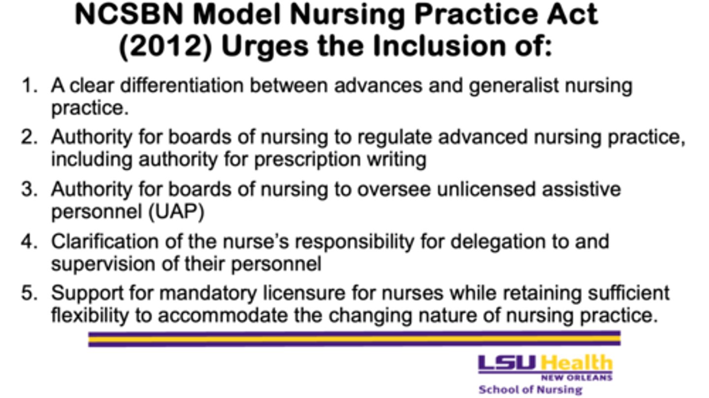 <p>- to guide states in developing consistent and comprehensive nursing practice laws and regulations</p>