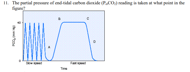<p>The partial pressure of end-tidal carbon dioxide (PetCO2) reading is taken at what point in the figure?</p>