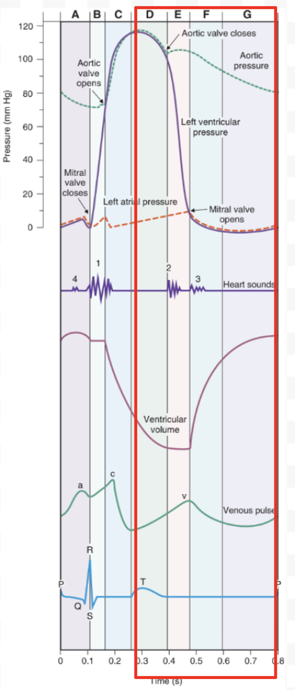 <ol><li><p>Reduced Ventricular Ejection</p><ol><li><p>LV repolarize (no contraction)</p></li><li><p>Decrease LV pressure = Decrease blood flow rate<br>(Aortic valve open)</p></li><li><p>Decrease aortic pressure</p></li><li><p>LA pressure increases from blood return</p></li></ol></li><li><p>Isovolumic Ventricular Relaxation</p><ol><li><p>LV finishes repolarizing</p></li><li><p>Relaxed LV = Decrease LV pressure<br>(LV pressure < Aortic pressure = Aortic valve closes)</p></li></ol></li><li><p>Rapid Ventricular Filling</p><ol><li><p>LV pressure < LA pressure = Mitral valve opens</p></li><li><p>LA blood into LV = Increase LV volume</p></li></ol></li><li><p>Reduced Ventricular Filling (Diastasis)</p><ol><li><p>Slow LV filling<br>(Until end-diastolic volume)</p></li><li><p>Atrial systole (cycle starts again)</p></li></ol></li></ol><p></p>