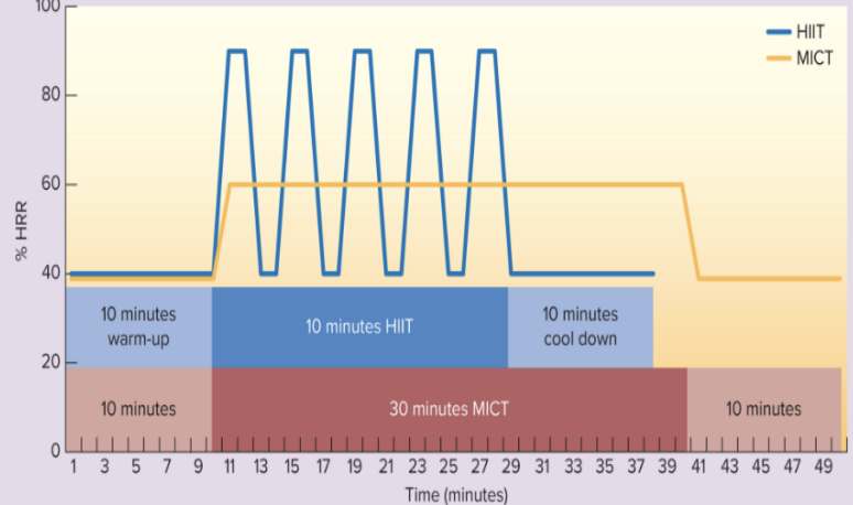 <ul><li><p>begins with a warm-up </p></li><li><p>several brief bouts of high-intensity exercise </p><ul><li><p>each high intensity bout followed by a recovery period of rest OR exercise at a lower intensity </p></li><li><p>number of intervals is determined by the fitness of level of the individual </p></li></ul></li><li><p>ends with a cooldown </p></li><li><p>variables included in a HIIT exercise prescription include AT LEAST: </p><ul><li><p>type of exercise (I.e. running, cycling) </p></li><li><p>intensity and duration of intervals </p></li><li><p>number of intervals performed </p></li></ul></li></ul><p></p>