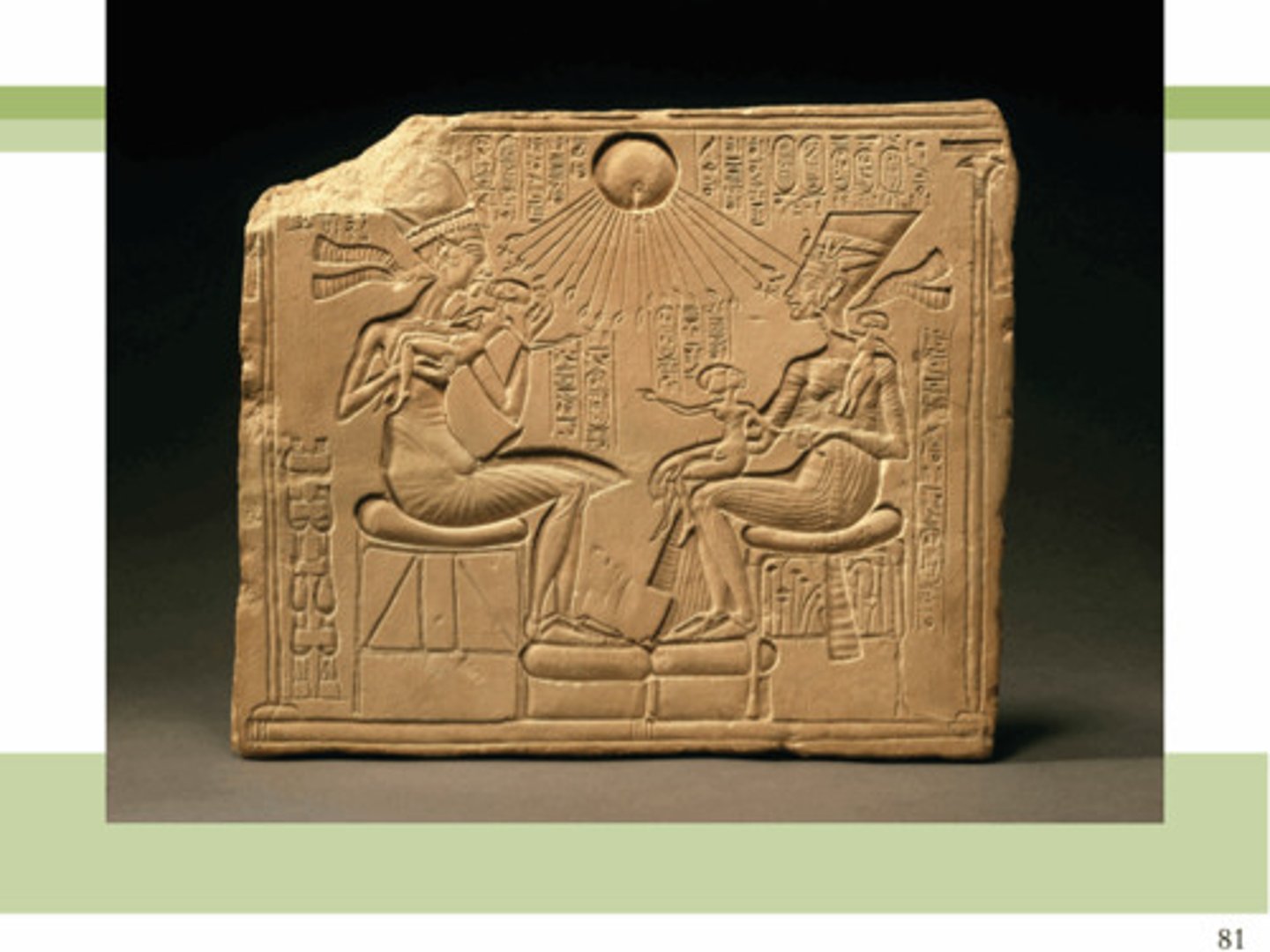 <p>Form:<br>-sunken relief piece, limestone, hieroglyphics<br>Content:<br>-couple receiving blessing from Aten (the sun god-rays shown)<br>-show husband and wife seated with their children<br>-rays shining upon the family showing their divinity<br>Function:<br>-shows intimacy of the family<br>-conveys realistic fidgetiness of children<br>-state religious shift in evolving Egyptian art<br>Context:<br>-New Kingdom (Amarna) 1350 BCE</p>