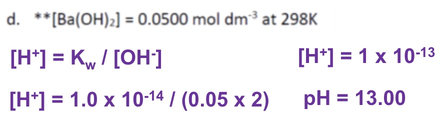 <p>because barium hydroxide produces 2 OH- ions, the concentration of the base should be multiplied by 2 to find [OH⁻]</p>